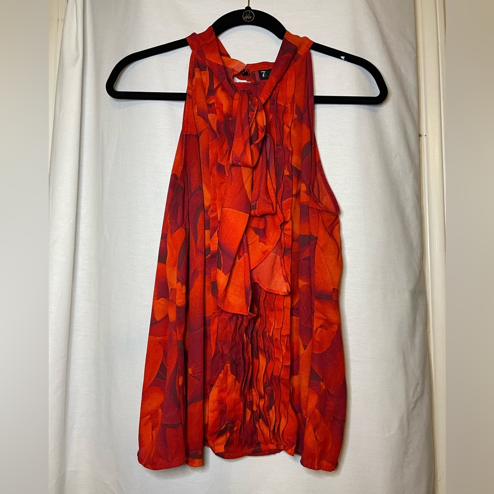New York & Company 7th Avenue Sleeveless Vibrant Red Halter Ruffle Top Size L